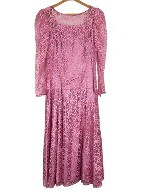 Vtg JCPenney Midi Party Dress 13/14 Rose Pink Lace Long Sleeves Fit & Flare USA
